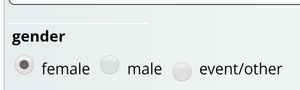 A screenshot of a form field titled &quot;gender&quot; with radio options &quot;female&quot;, &quot;male&quot;, &quot;event/other&quot;
