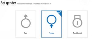 A screenshot of a "Set gender" form with card options "Male", "Female", and "Confidential", with "Female" selected