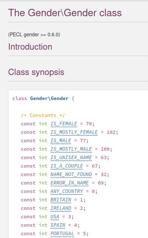 A screenshot of a the PHP Gender class, which contains constants such as &quot;IS_FEMALE&quot;, &quot;IS_MALE&quot;, &quot;IS_MOSTLY&quot; variants of the previous both, &quot;IS_UNISEX_NAME&quot;, &quot;IS_A_COUPLE&quot;, &quot;NAME_NOT_FOUND&quot;, &quot;ERROR_IN_NAME&quot;, &quot;ANY_COUNTRY&quot; and various country names. The list of countries is cut off.