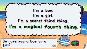 A screenshot of a game asking player if they are a boy or a girl, with the additional "I'm a secret third thing" and "I'm a magical fourth thing" options