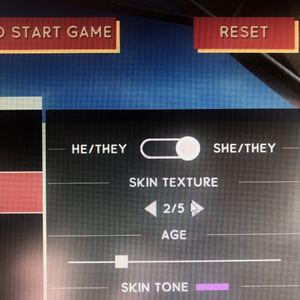 A screenshot from what appears to be a video game character creation screen, showing buttons for &quot;Start Game&quot; and &quot;Reset&quot;, a &quot;Skin Texture&quot; changer, an &quot;Age&quot; slider, a &quot;Skin Tone&quot; selector, and a toggle choice between &quot;HE/THEY&quot; and &quot;SHE/THEY&quot;
