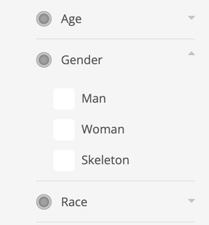 A screenshot of a website form with a field for &quot;Gender&quot; and radio buttons for &quot;Man&quot;, &quot;Woman&quot;, and &quot;Skeleton&quot;