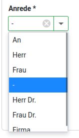 A screenshot of an online form in German. The  options are &quot;An&quot; (&quot;to&quot;), &quot;Herr&quot; (&quot;Mr.&quot;), &quot;Frau&quot; (&quot;Ms.&quot;) and &quot;-&quot;, as well as &quot;Herr Dr.&quot; (&quot;Mr. Dr.&quot;),  &quot;Frau Dr.&quot; (&quot;Ms. Dr.&quot;) and &quot;Firma&quot; (&quot;company&quot;). &quot;-&quot; is highlighted.