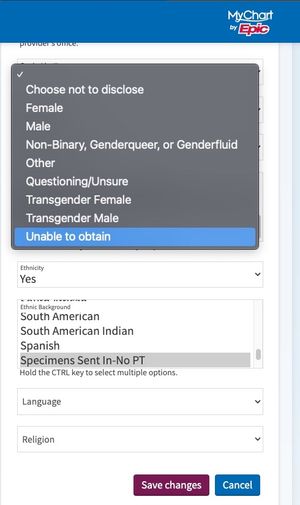 Electronic medical record form displaying the choices for gender identity, showing &#39;Unable to obtain&#39; as the selected option
