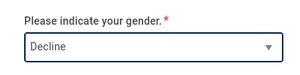 A screenshot of a form choice with a drop-down menu for gender with &quot;Decline&quot; selected