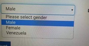 A photo of a website with a form field for &quot;Please select gender&quot; and options &quot;Male&quot;, &quot;Female&quot;, &quot;Venezuela&quot;