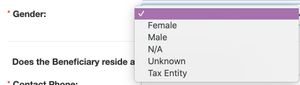 A screenshot of a website form with a field for &quot;Gender&quot; and select options for &quot;Female&quot;, &quot;Male&quot;, &quot;N/A&quot;, &quot;Unknown&quot;, &quot;Tax Entity&quot;