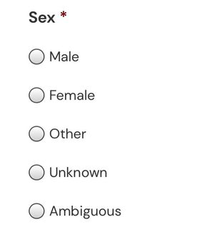A form widget titled &quot;Sex&quot; with radio options &quot;Male&quot;, &quot;Female&quot;, &quot;Other&quot;, &quot;Unknown&quot;, &quot;Ambiguous&quot;