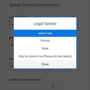 A screenshot of an online form with a box for selecting &quot;Legal Gender&quot;, with a placeholder of &quot;select one&quot; and the options &quot;Female&quot;, &quot;Male&quot;, and &quot;Only for Admin Use (Please Do Not Select)&quot;.