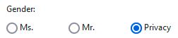 A screenshot of a form field titled "Gender" with radio options "Ms.", "Mr.", and "Privacy", with "Privacy" selected