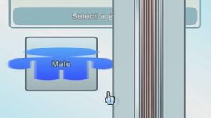 A screenshot of a full-screen dialog from a Nintendo Wii game, with the prompt &quot;Select a g&quot;. The two options are &quot;male&quot; which looks mostly normal except for a severely stretched-out &#39;man&#39; icon behind the text, and another button which is vertically stretched off the top and bottom of the screen, obscures the rest of the prompt, and is unreadable.