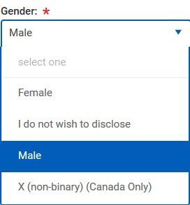 A screenshot of a website form field with the prompt &quot;Gender&quot;. The options are &quot;Female&quot;, &quot;I do not wish to disclose&quot;, &quot;Male&quot;, and &quot;X (non-binary) (Canada Only)&quot;.